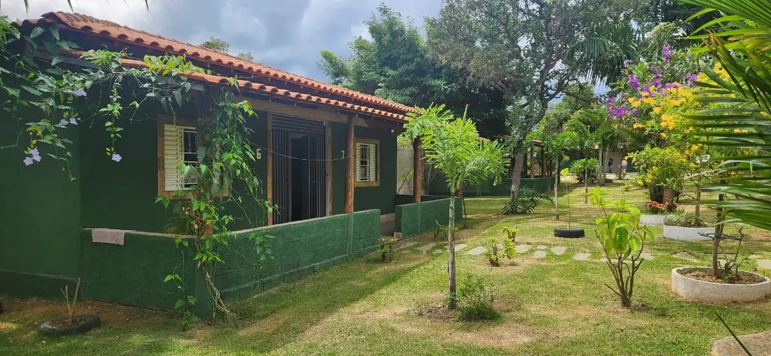 Sede térrea de fachada verde com telhado de barro, cercada por jardim e árvores floridas