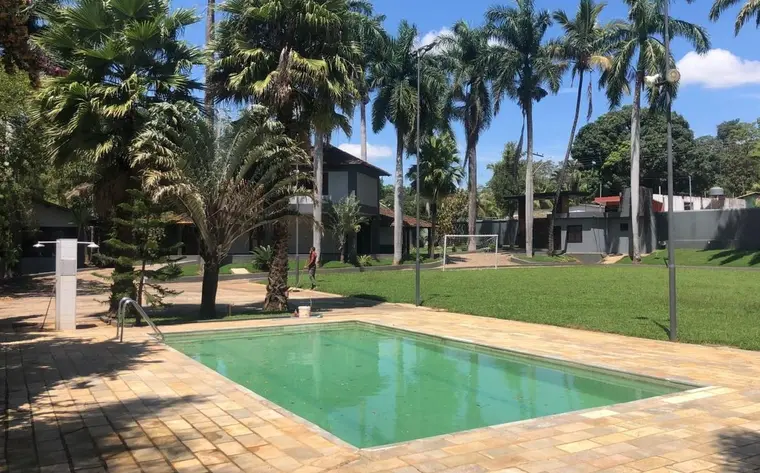 Piscina retangular com deck de pedra, cercada por gramado e palmeiras