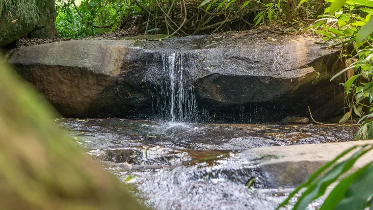 Cachoeira sobre rocha, cercada por vegetação, dentro da propriedade