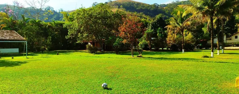 Gramado extenso cercado por mata e palmeiras