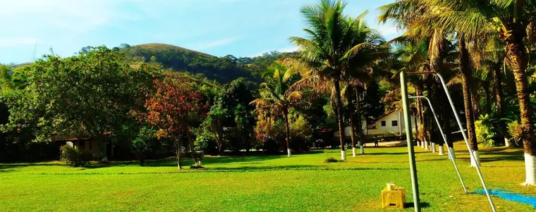Gramado com palmeiras e o morro ao fundo